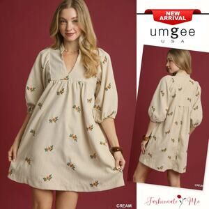 Umgee Floral Embroidery V-Neck Relaxed Fit Corduroy Babydoll Mini Dress | Cream
